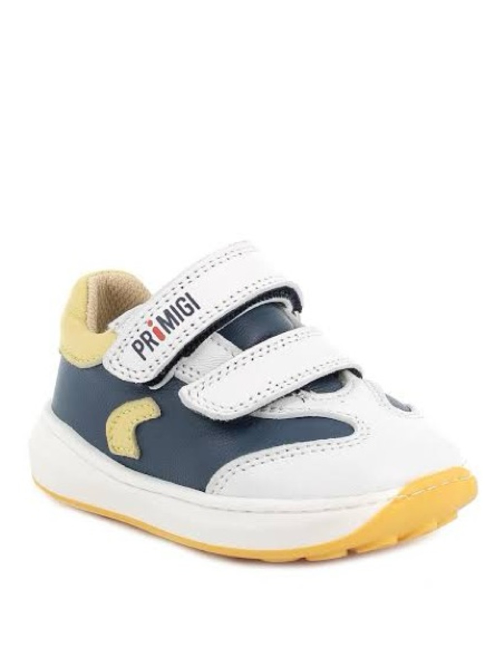 Primigi White and Navy Velcro Kids Sneakers with Yellow Trim